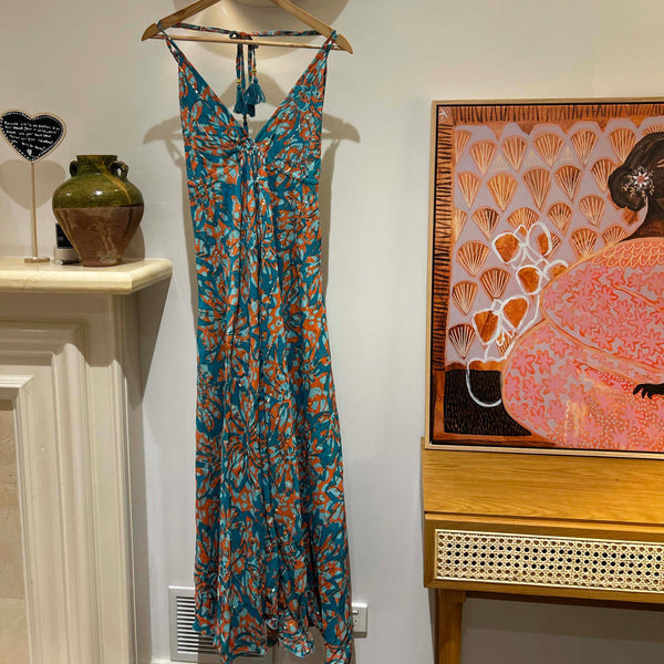 Aurelia Gold Thread Teal Orange Tassel Dress