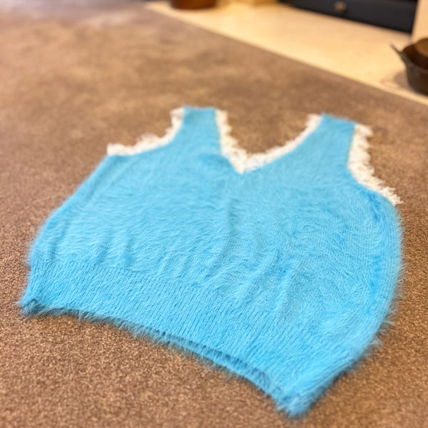 Deep Sky Blue Lace Trim Knit Vest