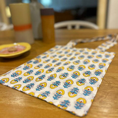 Block Print Floral Yellow/Light Blue Shop Bag