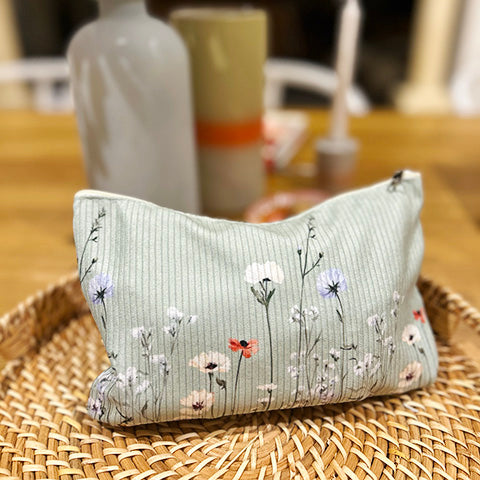 Pale Green Floral Corduroy Toilet Bag
