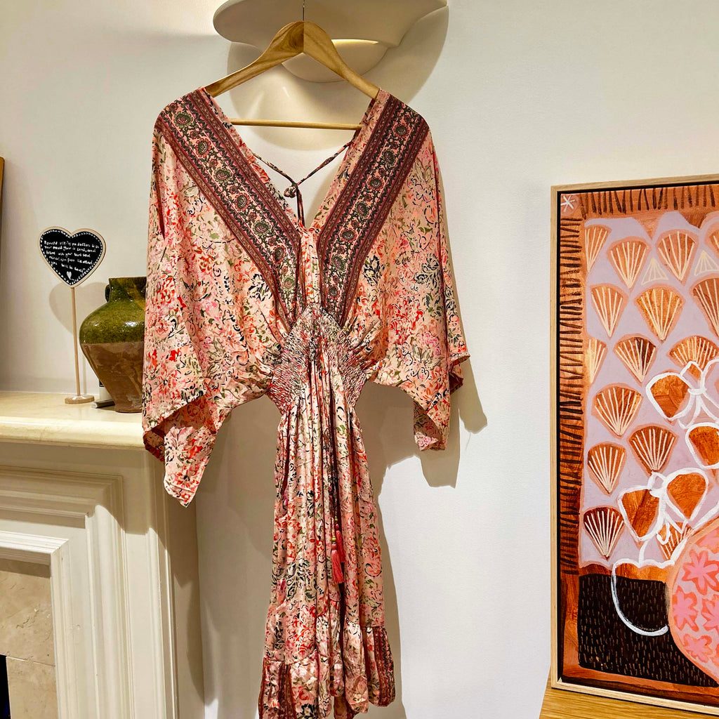 Indira Kimono Sleeve Pink Floral Silky Tapered Dress