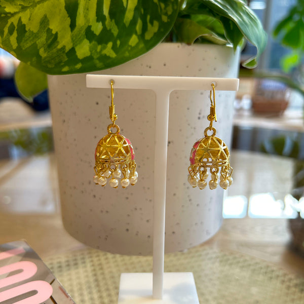 Jhumka Mini Pink Earrings Gold