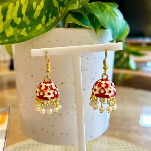 Jhumka Mini Red Earrings Gold