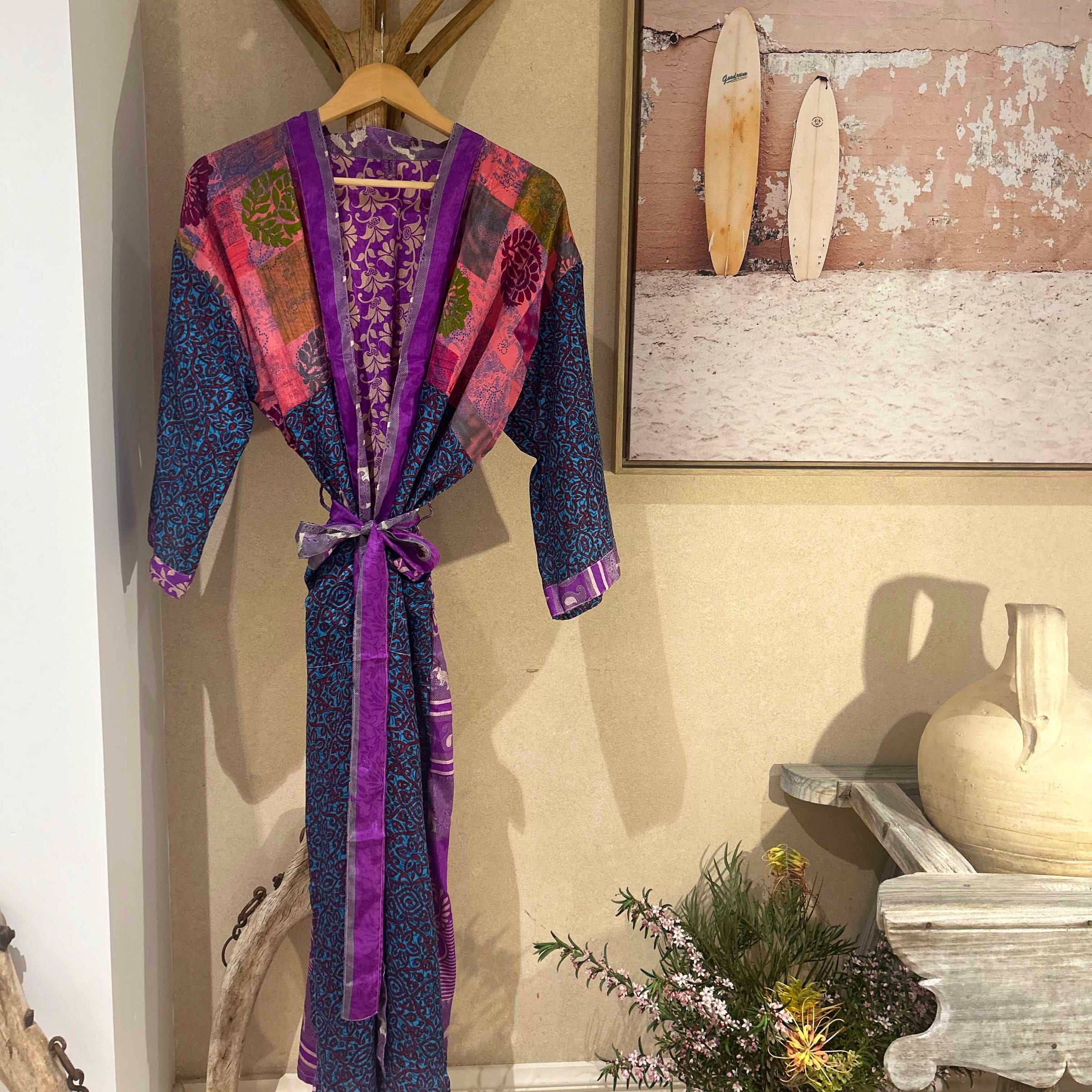 Boho Style Greek Stamped Beach Kimono - Handcrafted Bohemian Bathrobe
