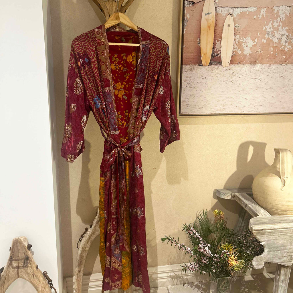 Sanvi Silk Kimono Persian Plum Gold Olive Green Marmalade