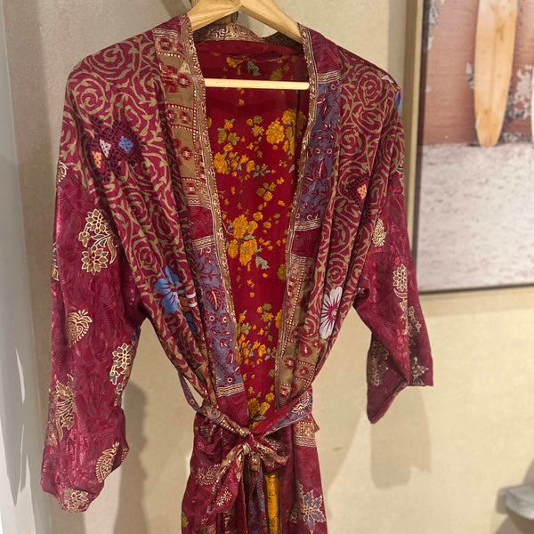 Sanvi Silk Kimono Persian Plum Gold Olive Green Marmalade