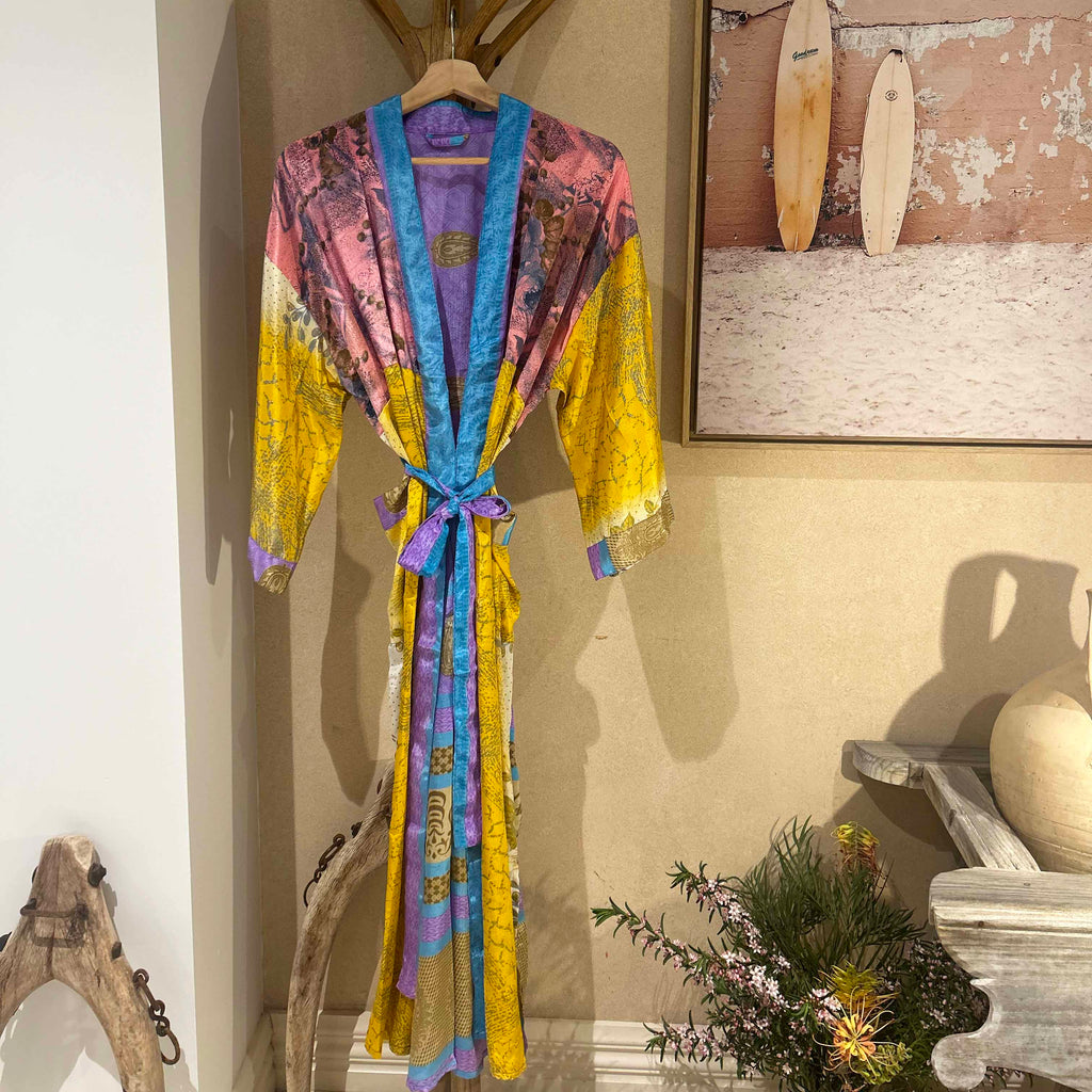 Sanvi Silk Kimono Yellow Pink Aqua