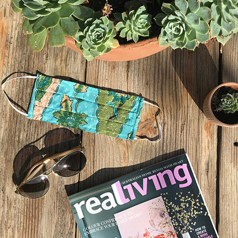 Turquoise Green Block Print Face Mask - Adult